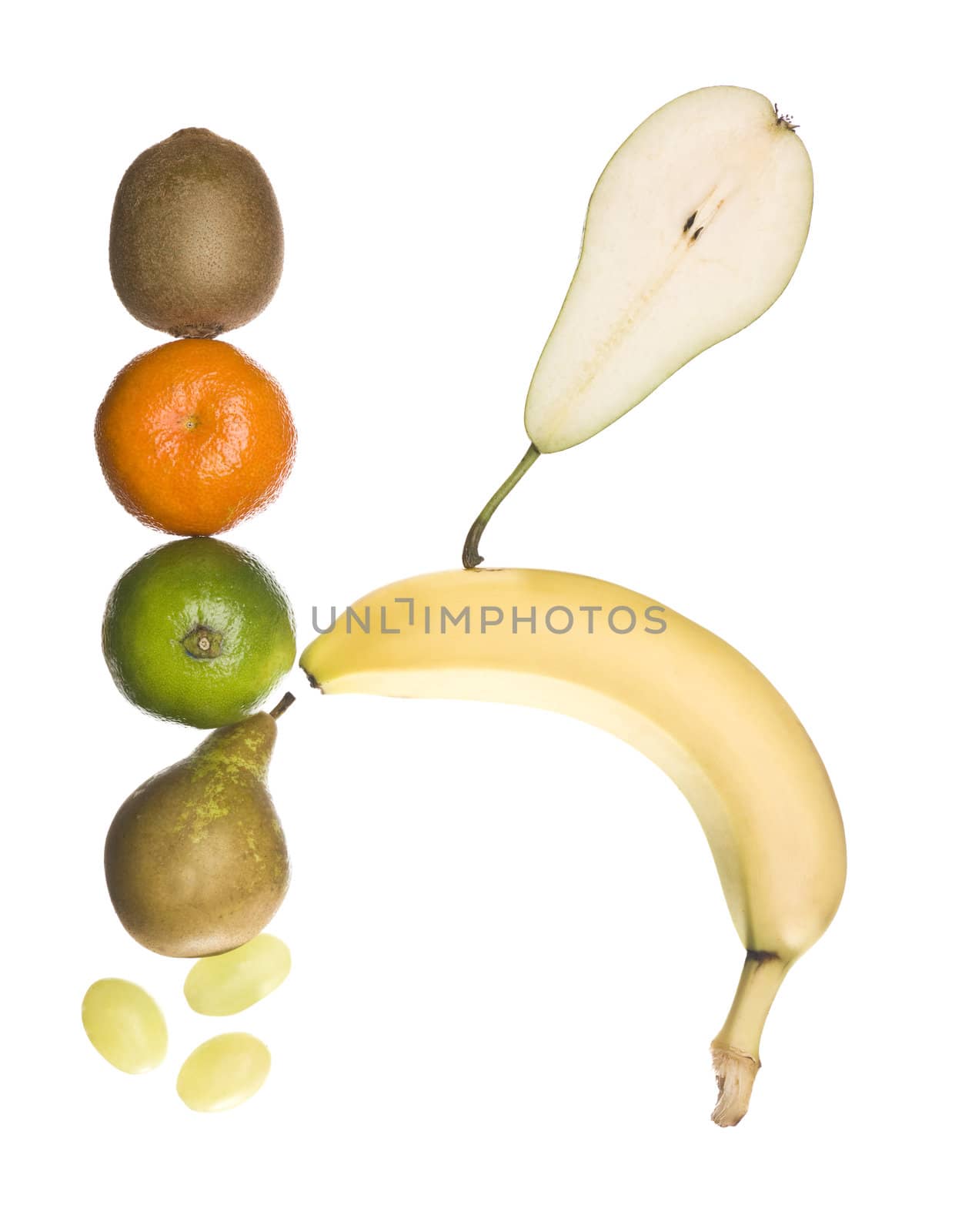 The letter 'K' made out of fruit isolated on a white background