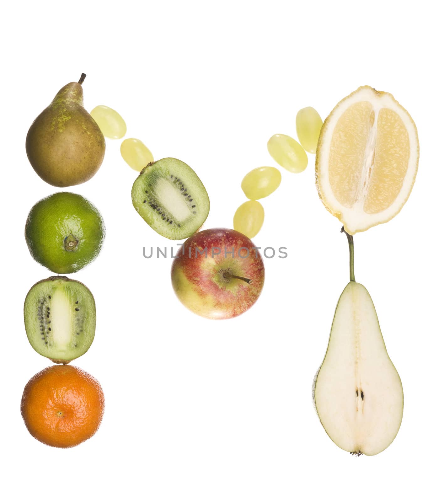 The letter 'M' made out of fruit isolated on a white background