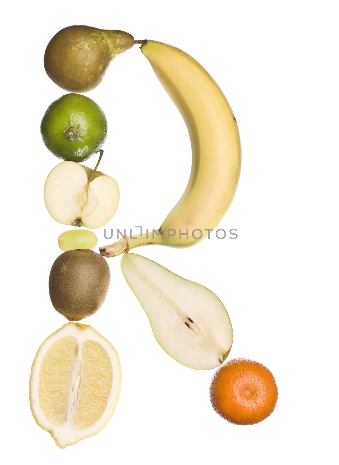 The letter 'R' made out of fruit isolated on a white background