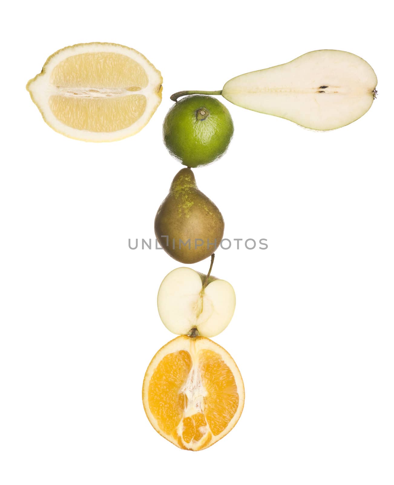 The letter 'T' made out of fruit isolated on a white background