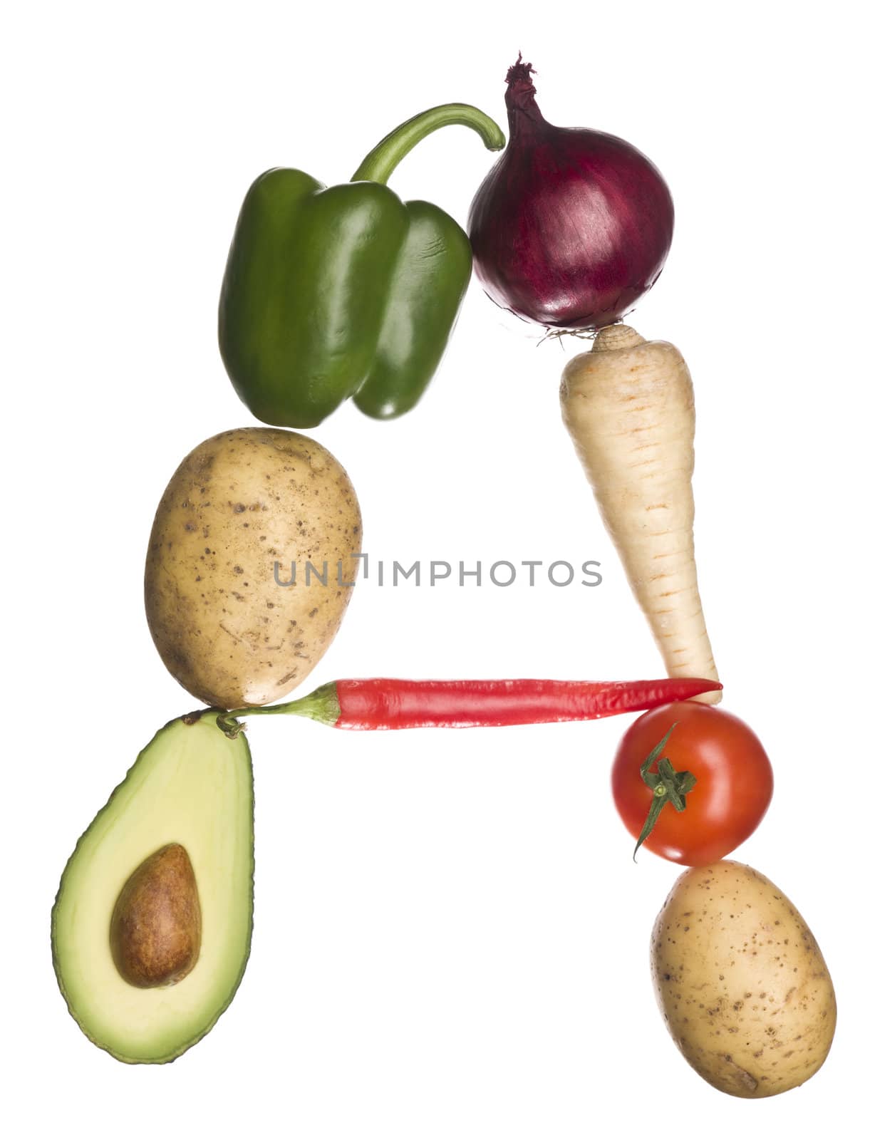 The letter 'A' made out of vegetables isolated on a white background