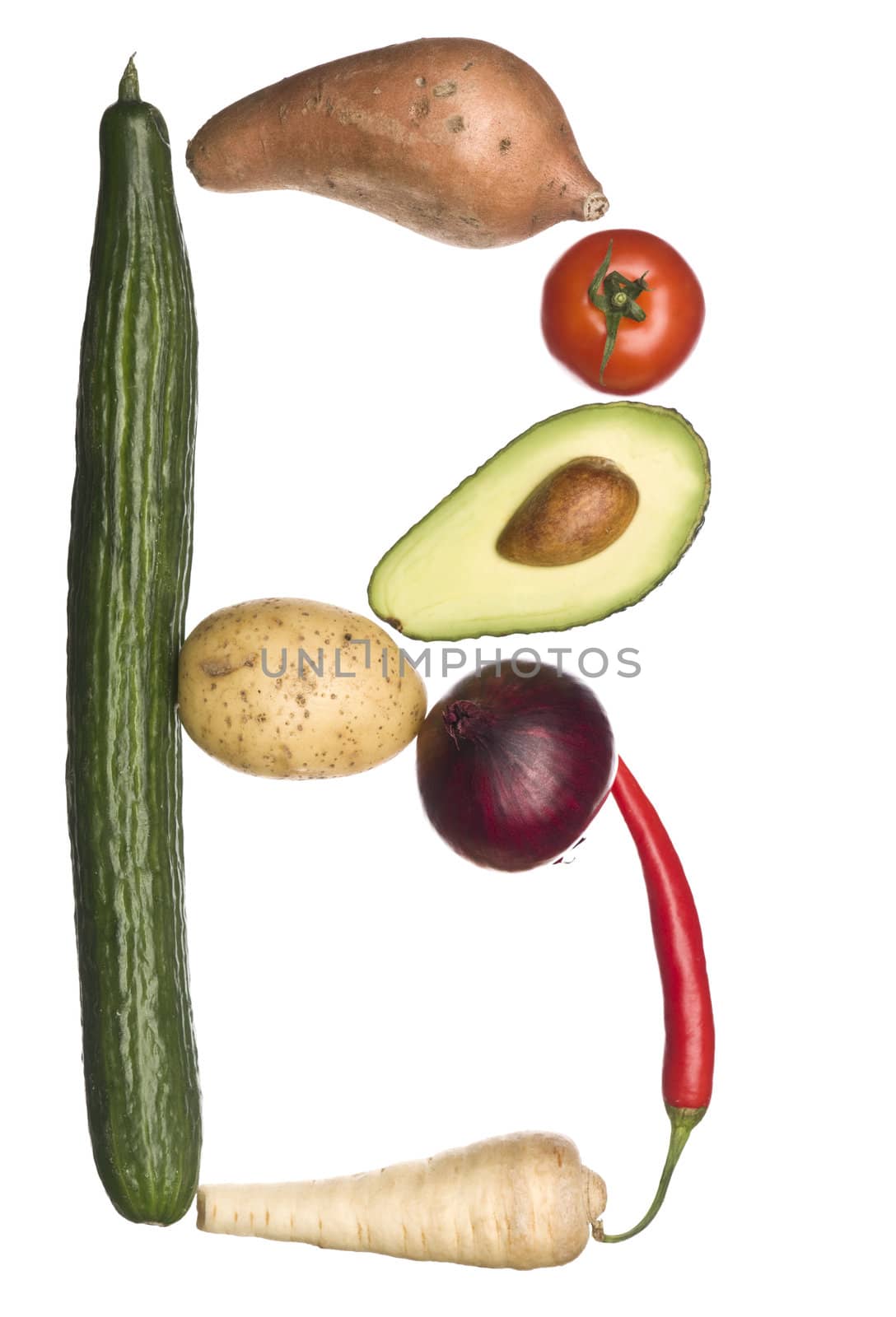 The letter 'B' made out of vegetables isolated on a white background