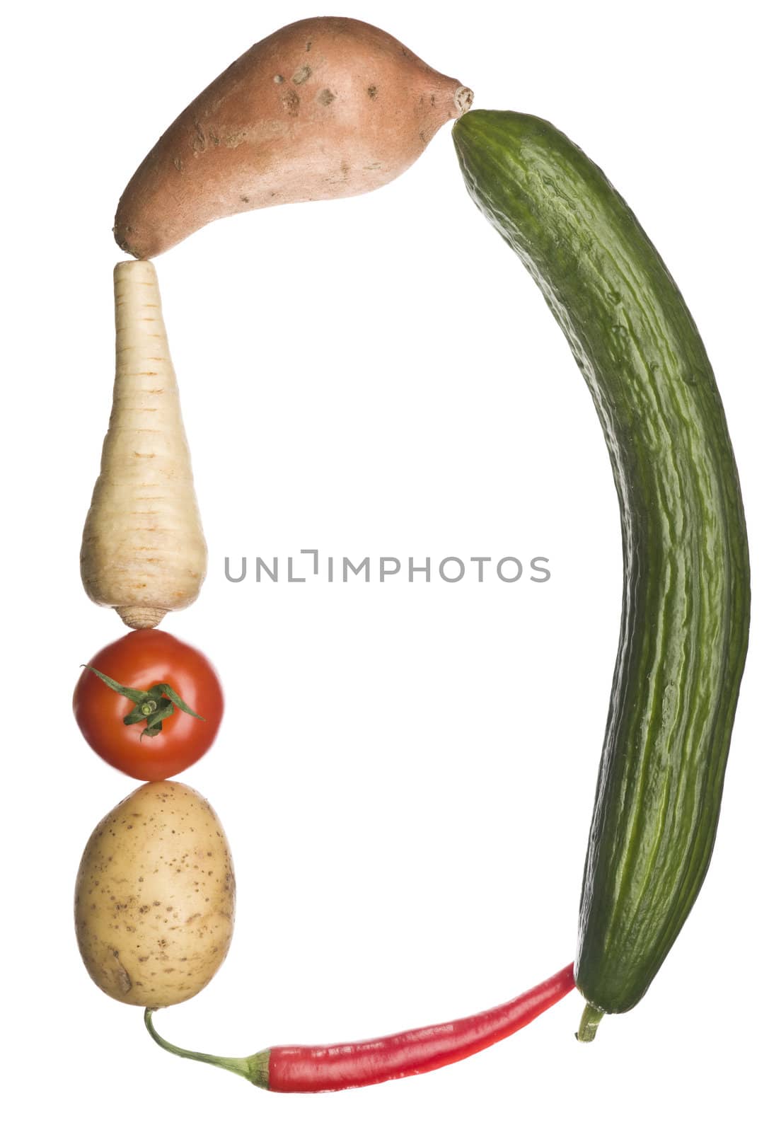 The letter 'D' made out of vegetables isolated on a white background