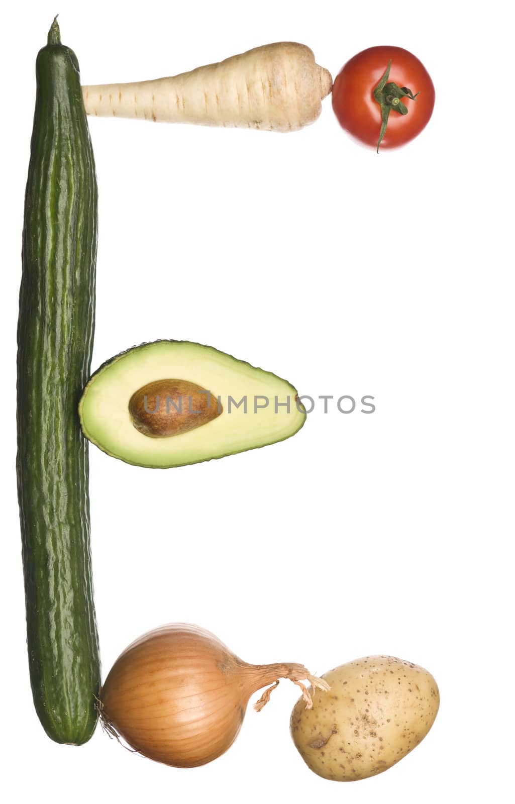 The letter 'E' made out of vegetables isolated on a white background