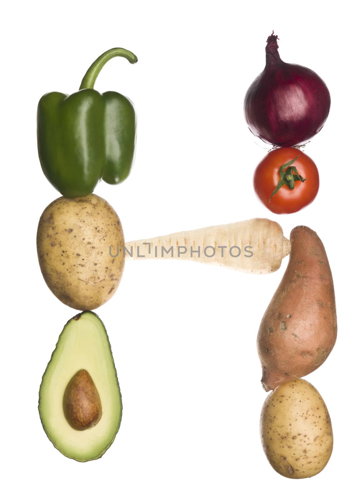 The letter 'H' made out of vegetables isolated on a white background