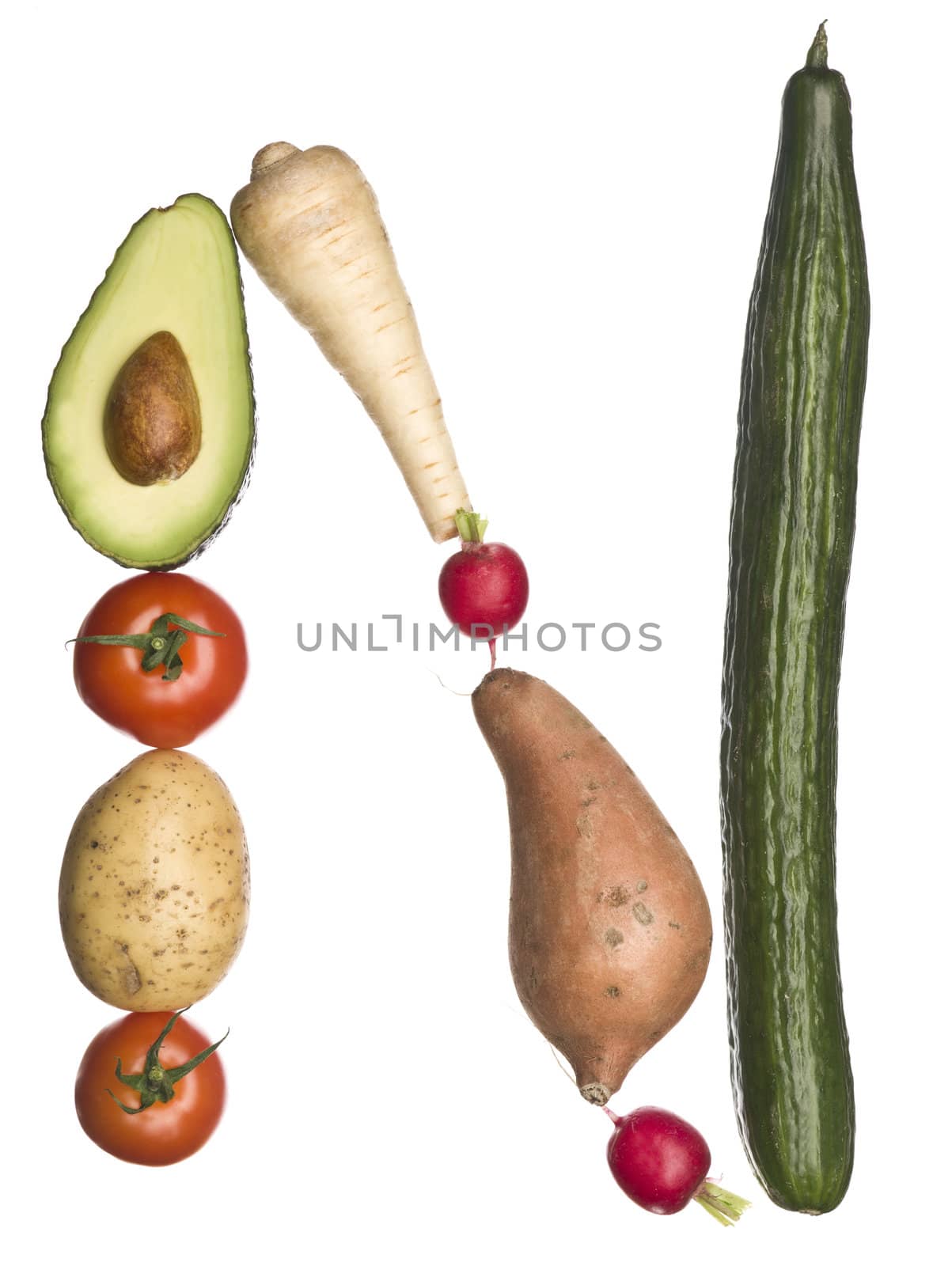 The letter 'N' made out of vegetables isolated on a white background