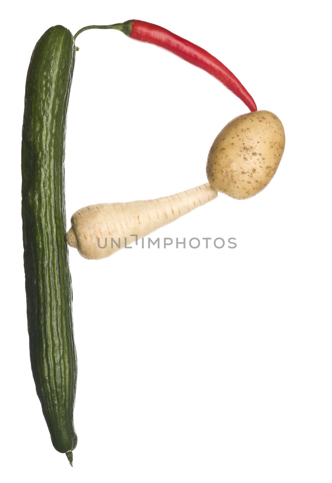 The letter 'P' made out of vegetables isolated on a white background