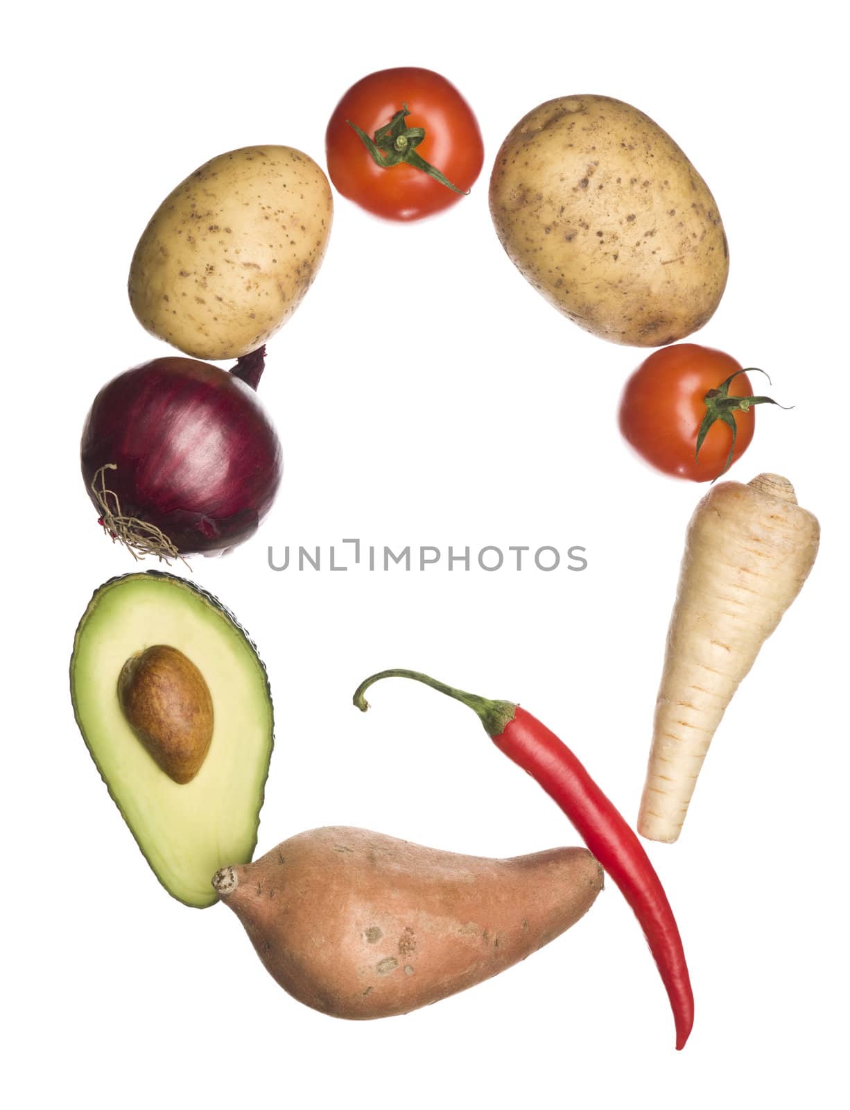 The letter 'Q' made out of vegetables isolated on a white background