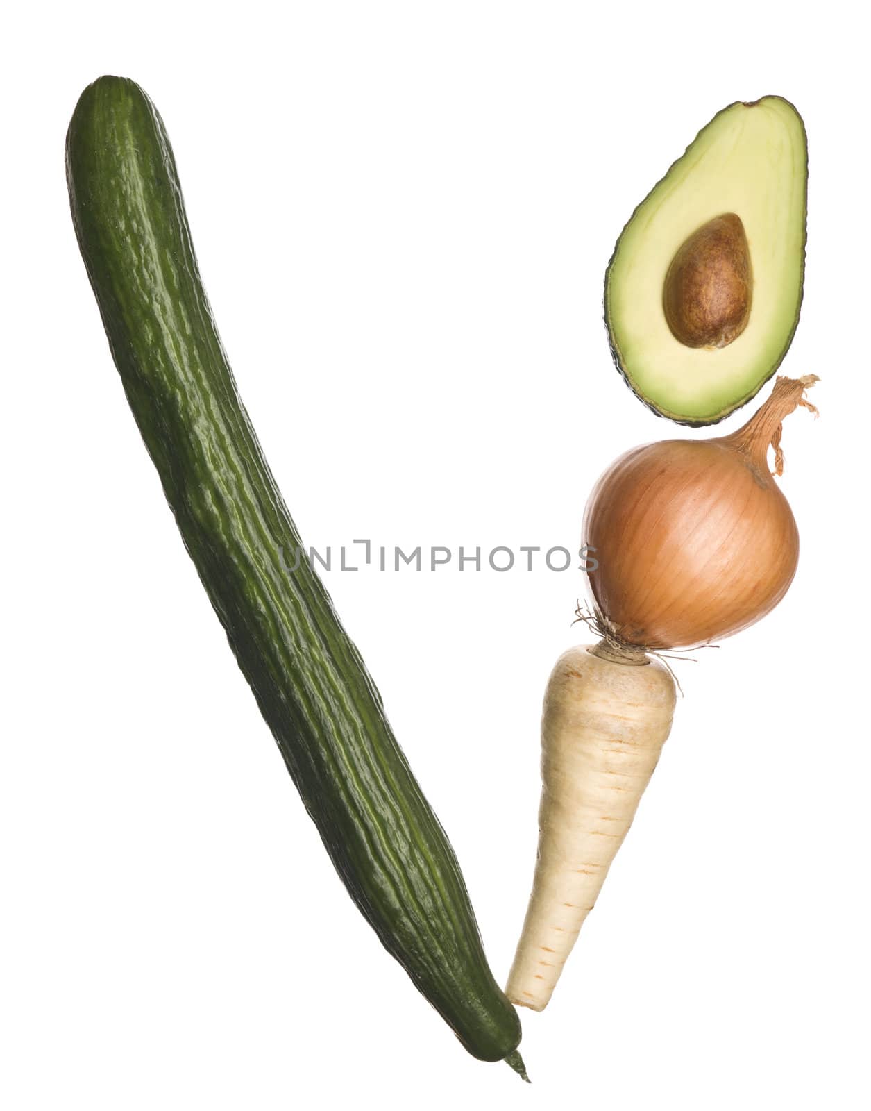 The letter 'V' made out of vegetables isolated on a white background