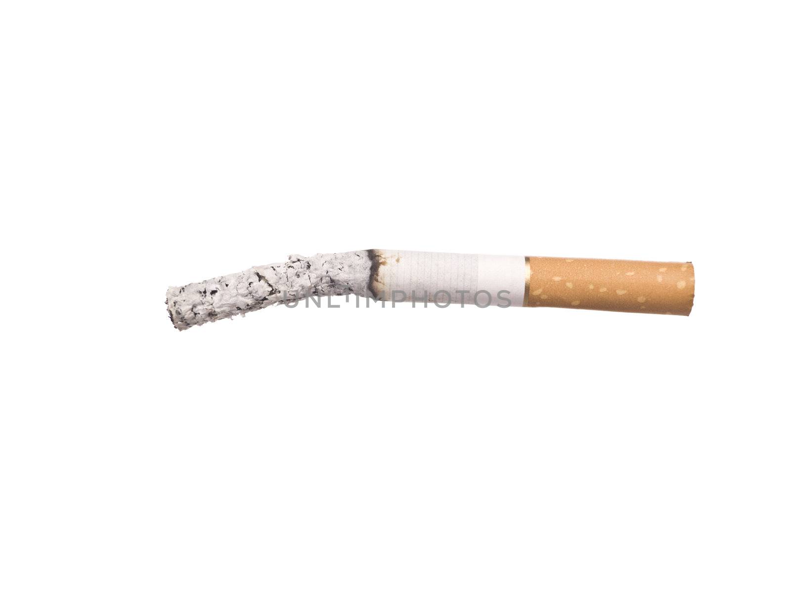 Lit cigarrette with ashes isolated on a white background
