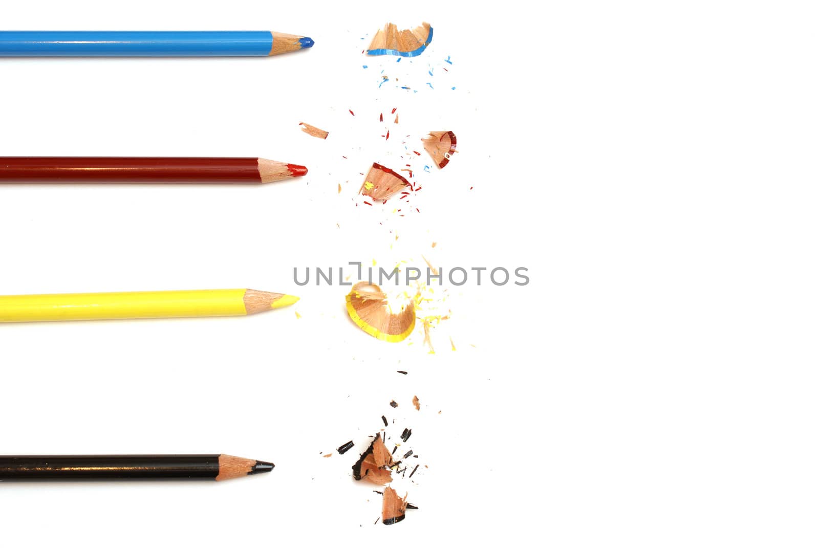 Four colored pencil crayons and their shavings.