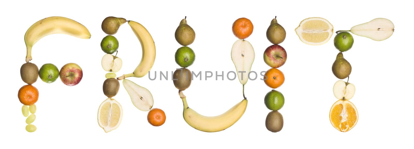 The word 'fruit' made out of fruit isolated on a white background