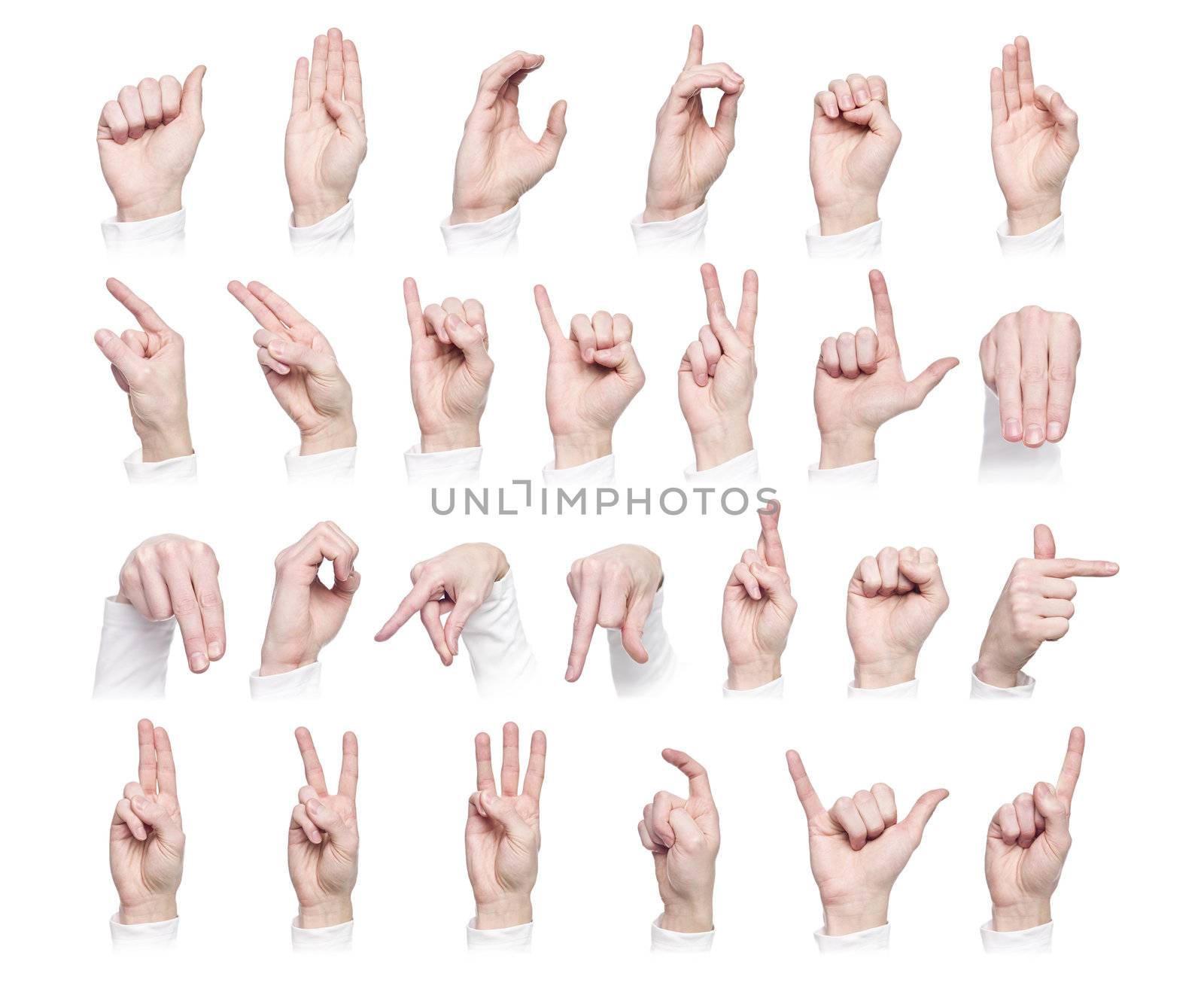 Hands forming the international sign language isolated against a white background
