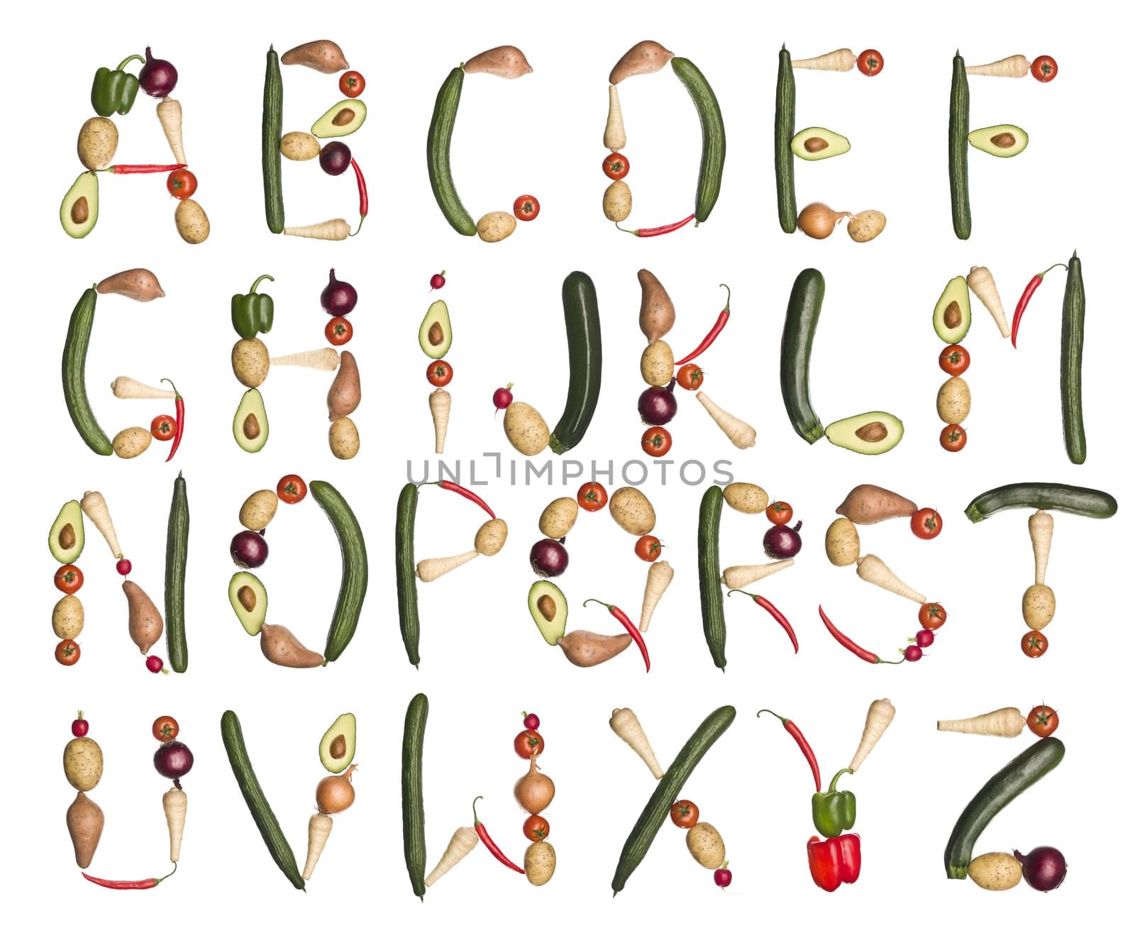 Vegetables forming the alphabet isolated on a white background