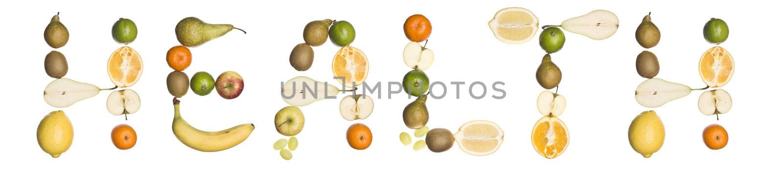 The word 'health' made out of fruit isolated on a white background