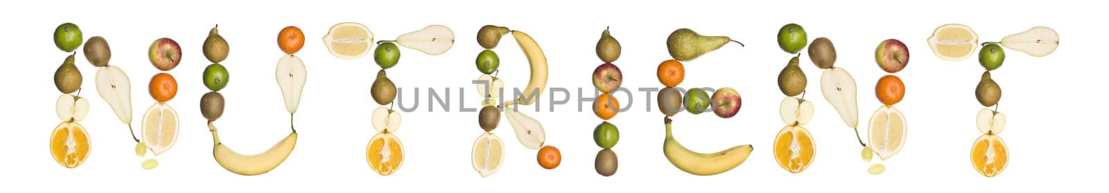 The word 'Nutrient' made out of fruit isolated on a white background