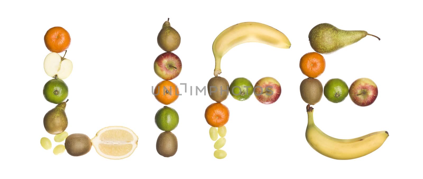 The word 'Life' made out of fruit isolated on a white background