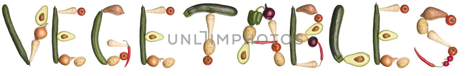 The word 'Vegetables' made out of vegetables isolated on a white background