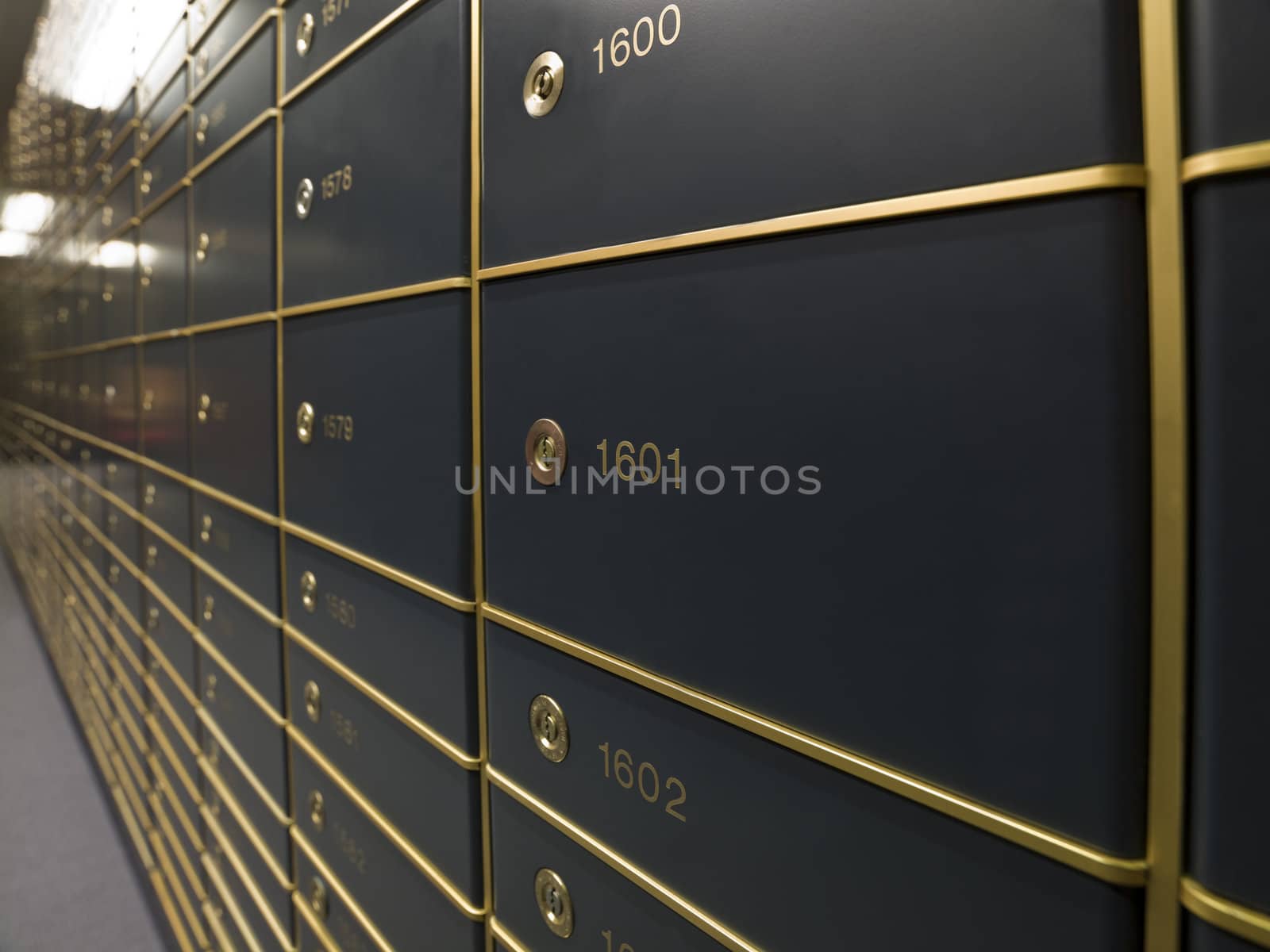 Rows of luxurious safe deposit boxes in a bank vault