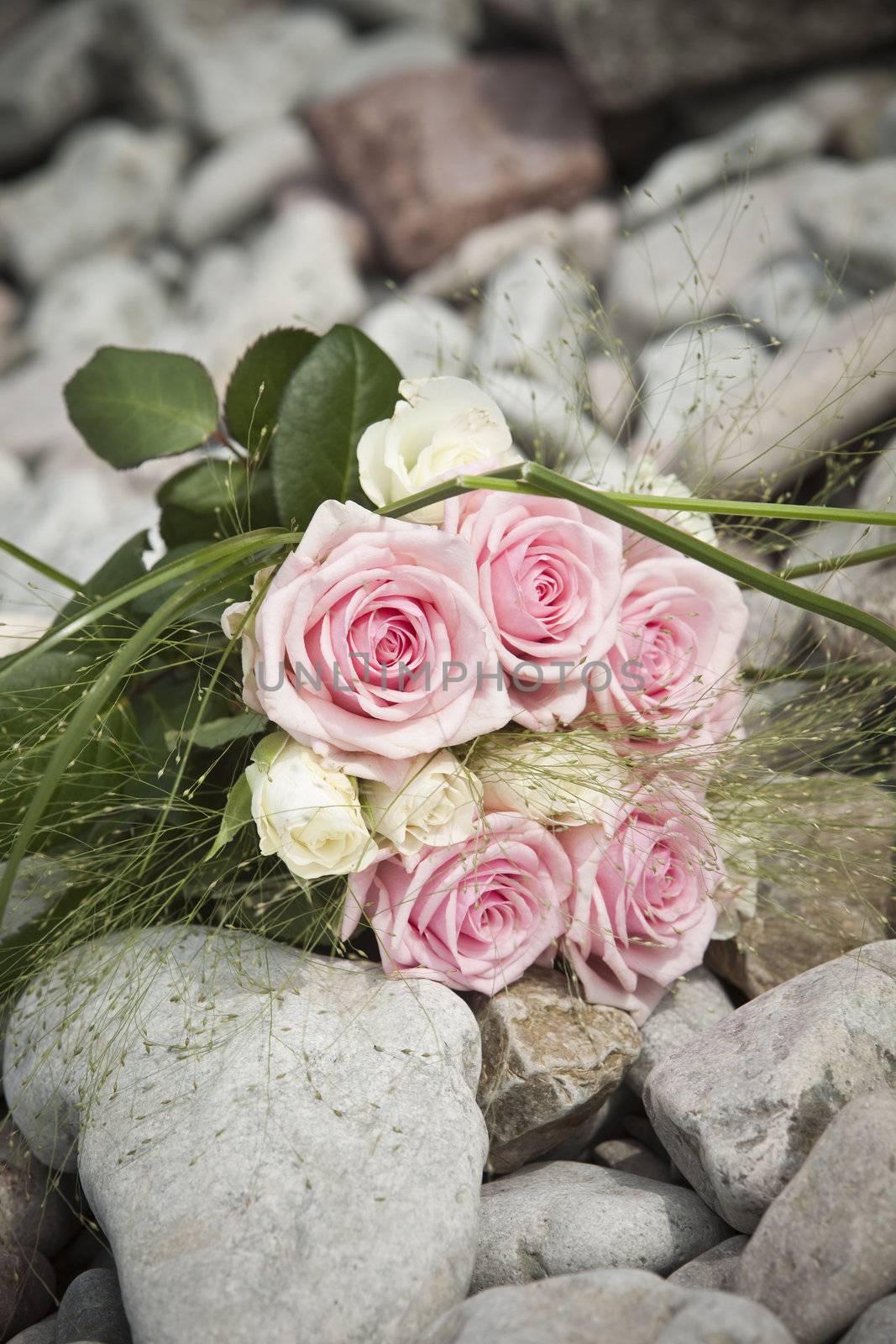 Bouquet of pink and white roses lying on rocks