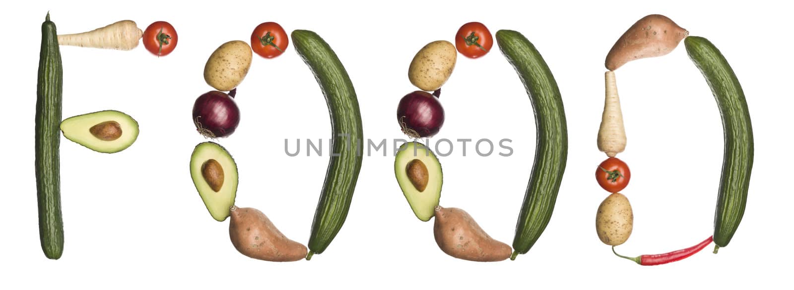 The word 'Food' made out of vegetables isolated on a white background