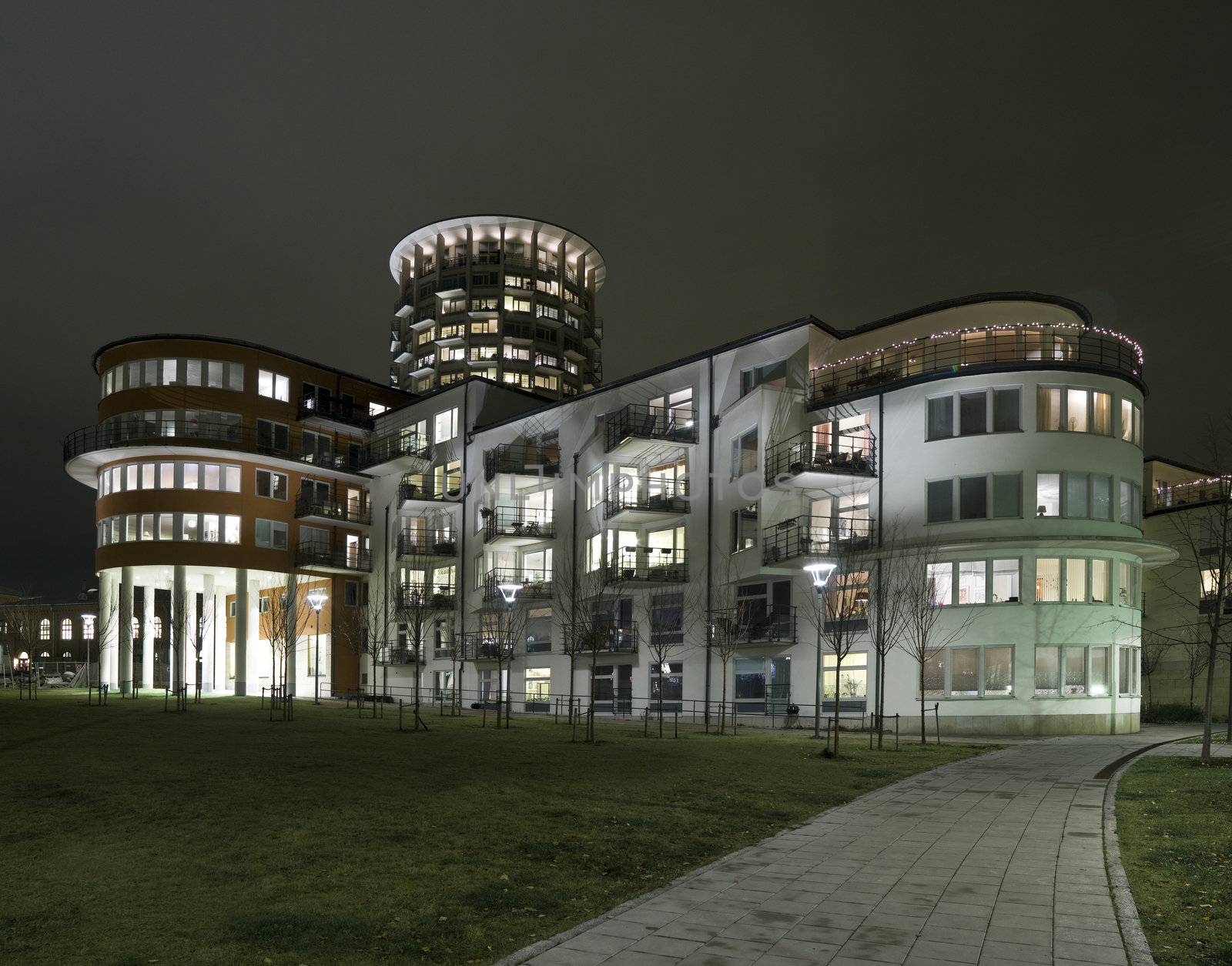 Recidential buildings at night with modern architecture