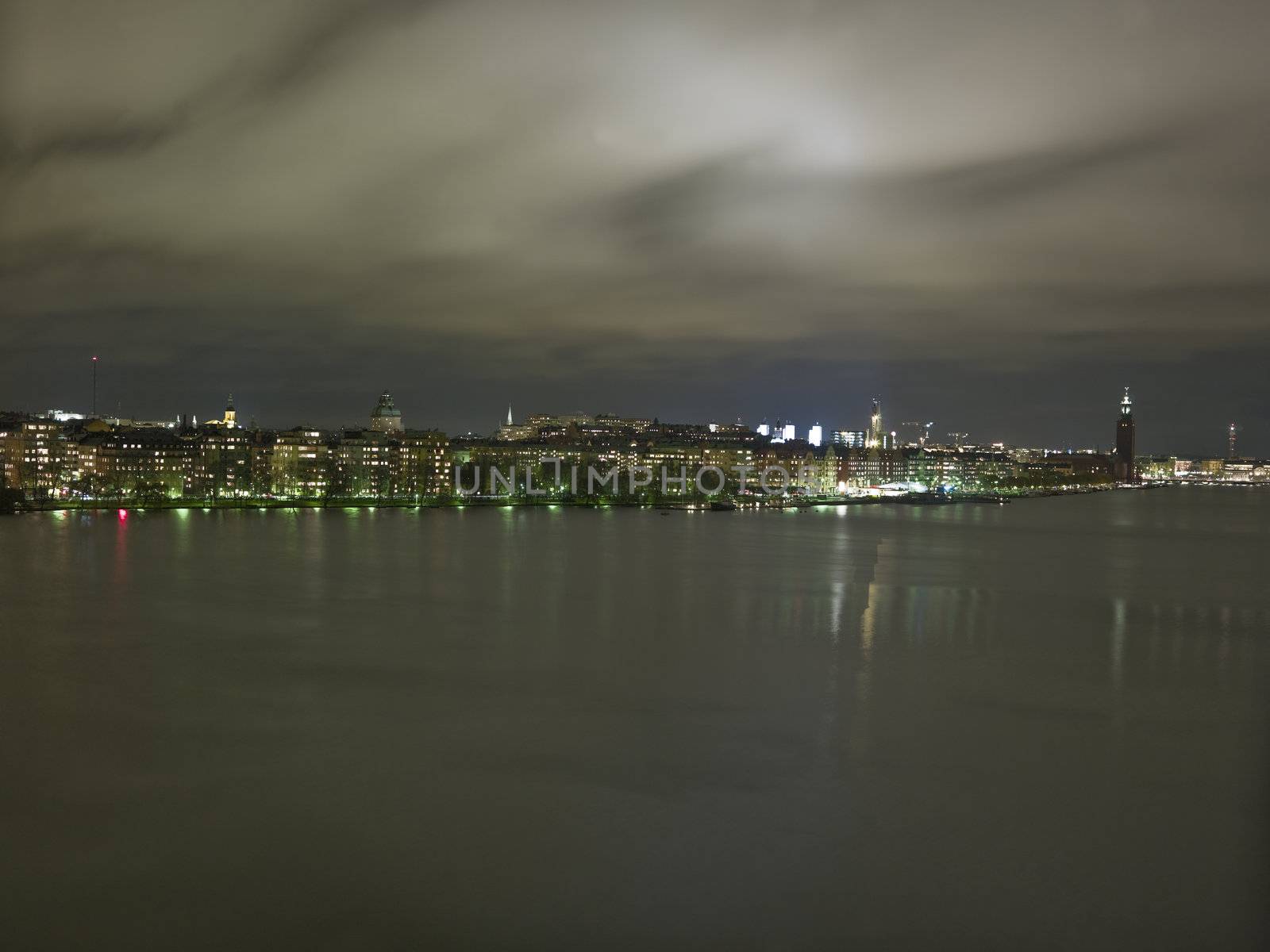 Stockholm City skyline and water at night