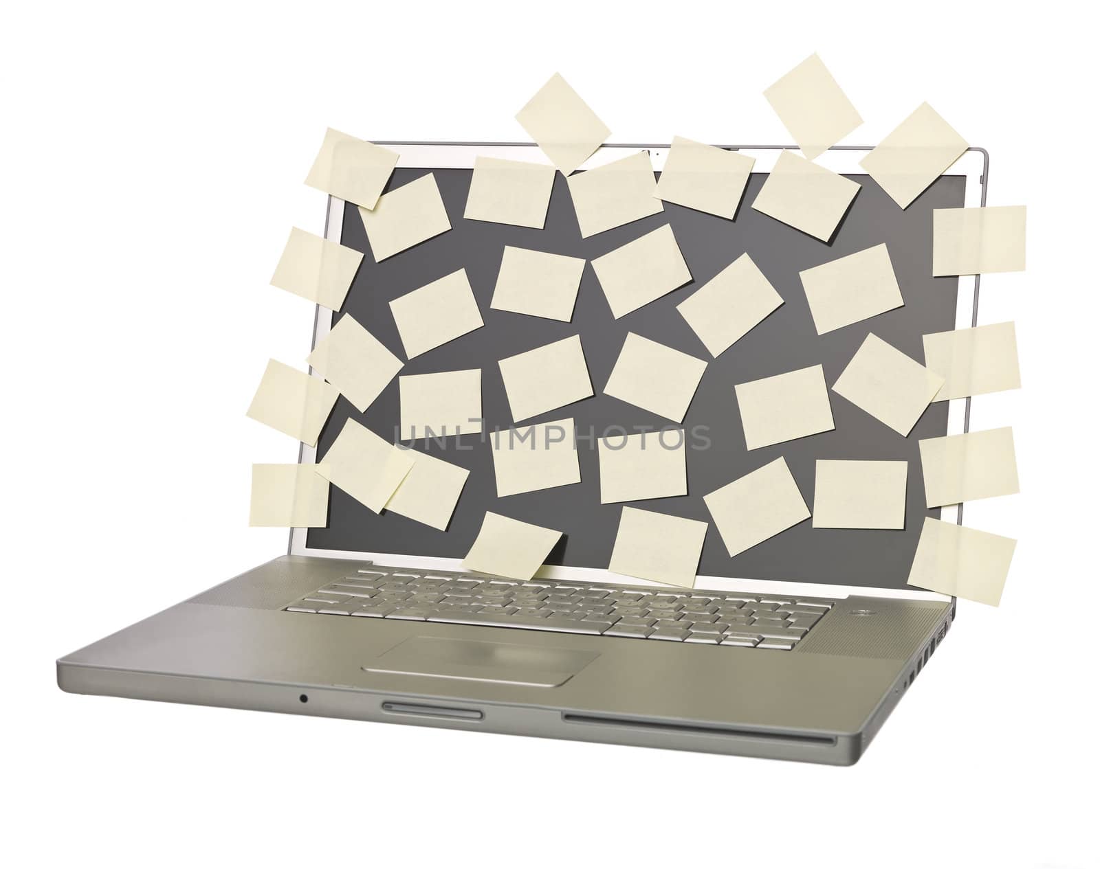 Grey laptop overflowed with empty post-its isolated on a white background