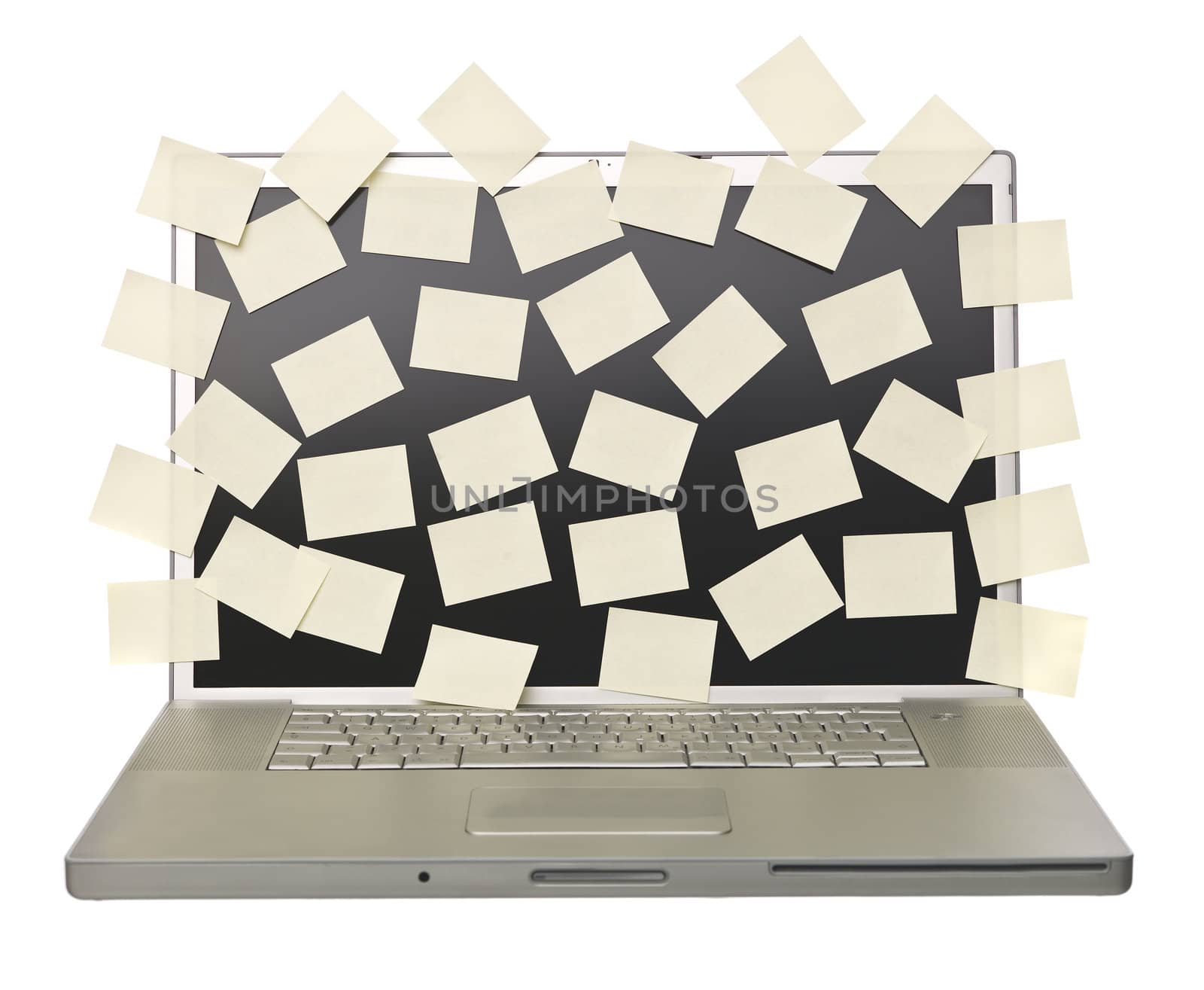 Grey laptop overflowed with empty post-its isolated on a white background