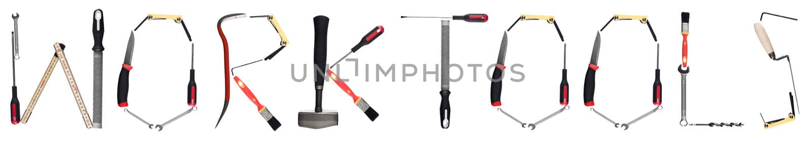 The phrase 'Work tools' made of tools isolated on white
