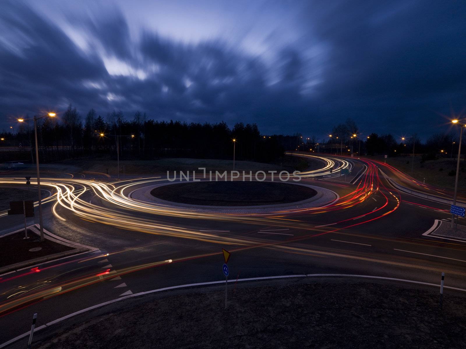 Traffic roundabout shot with long exposure time at night time