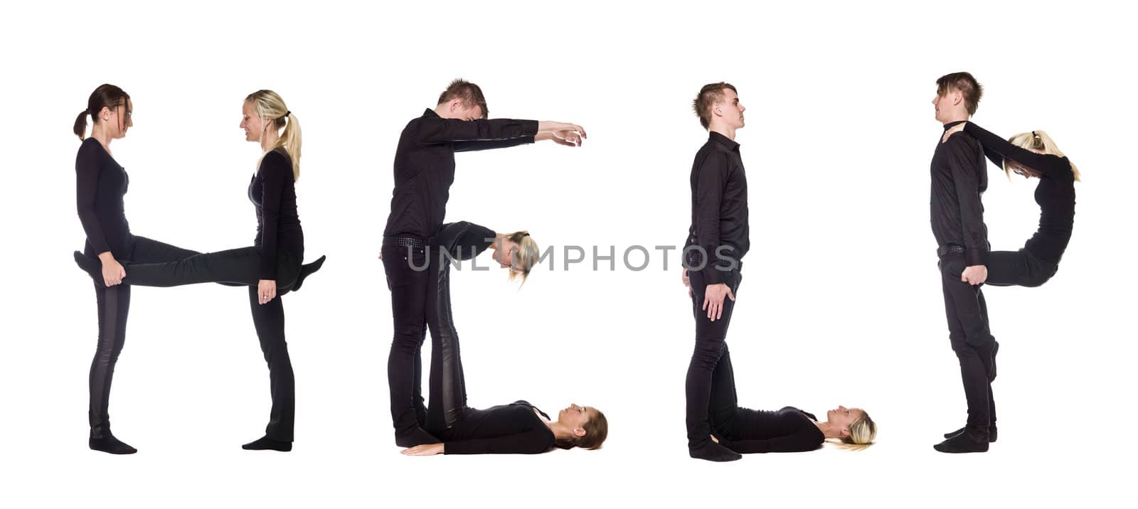 Group of people forming the word 'HELP', isolated on white background.