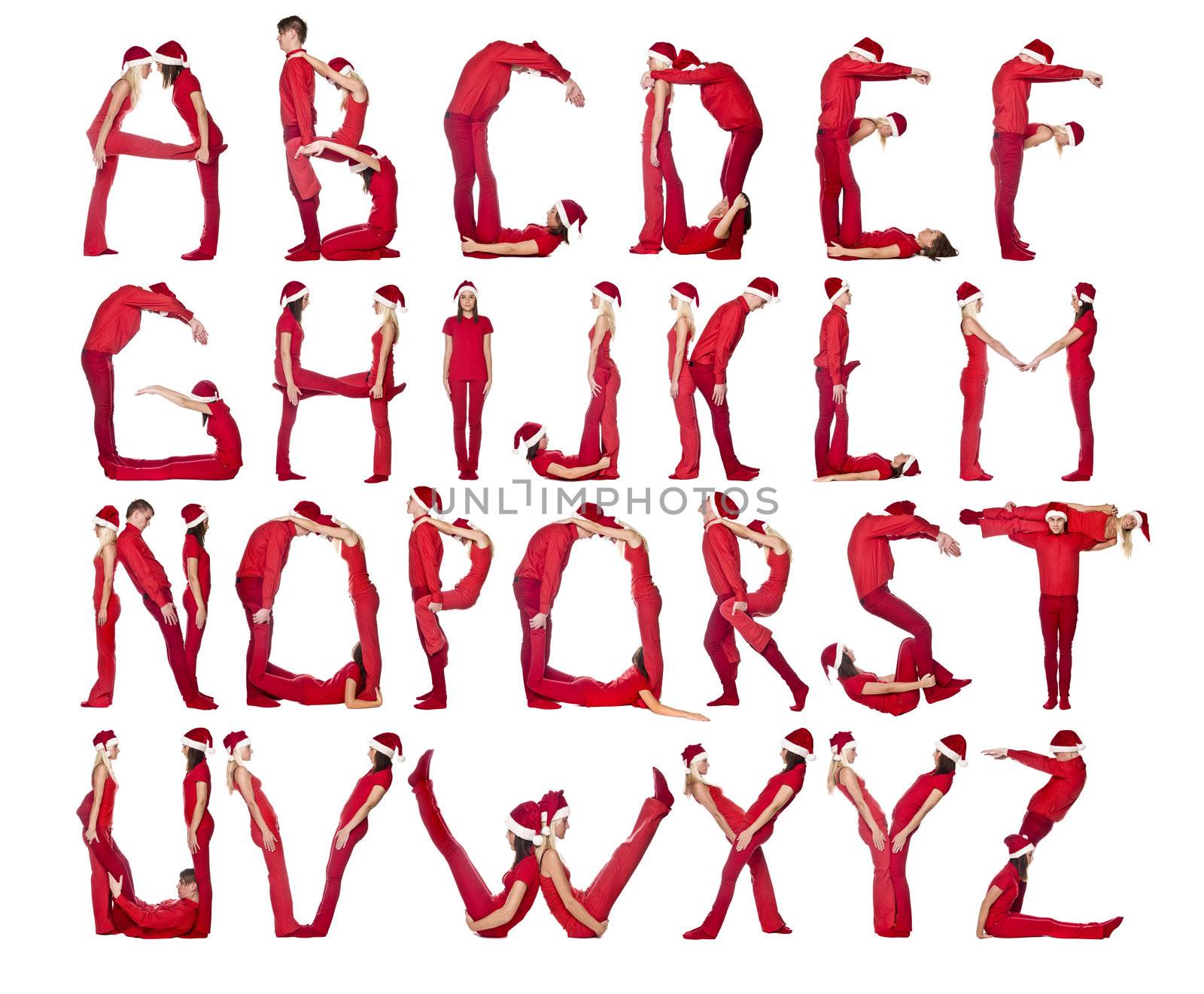Group of red dressed people forming the alphabet.