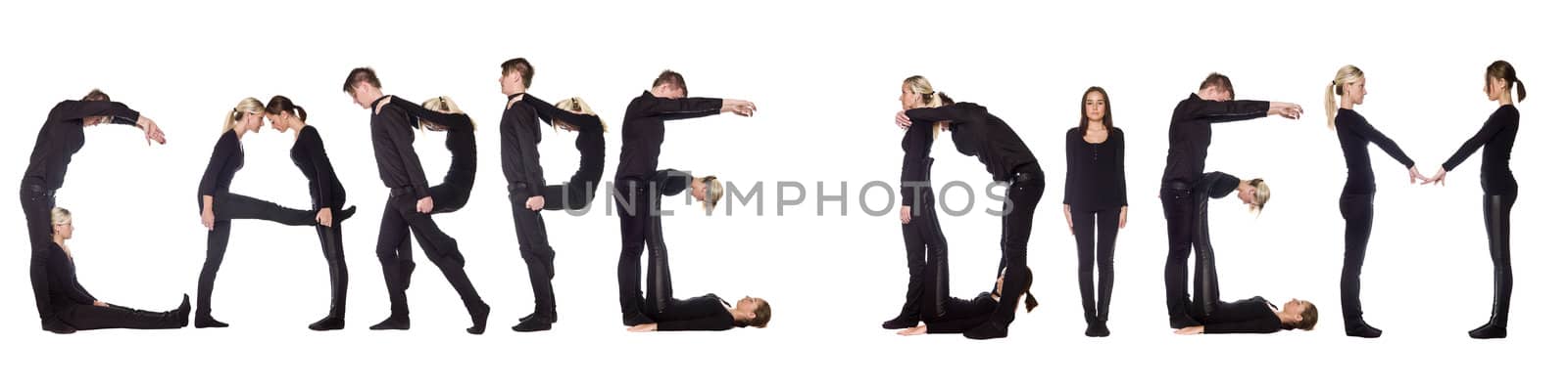 Group of people forming the phrase 'CARPE DIEM', isolated on white background.