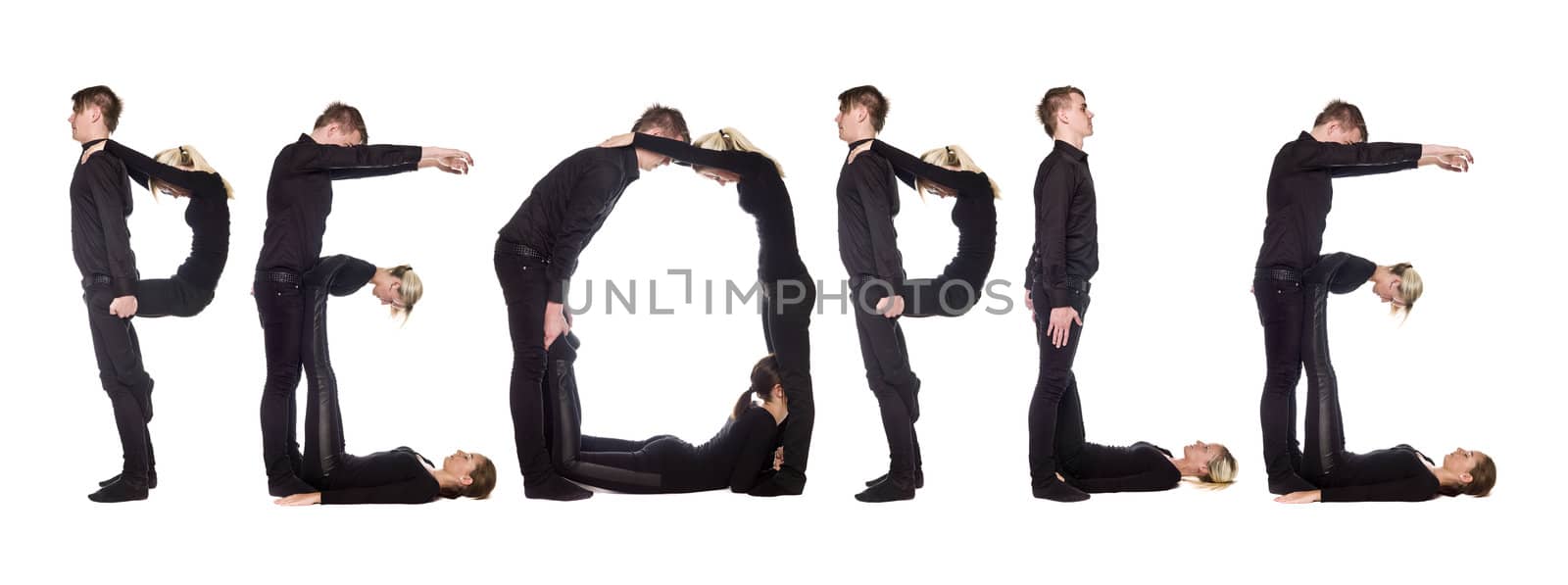 Group of people forming the word 'PEOPLE', isolated on white background.