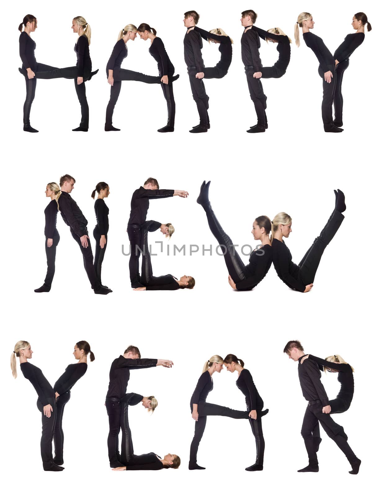Group of people forming the phrase 'Happy new year', isolated on white background.