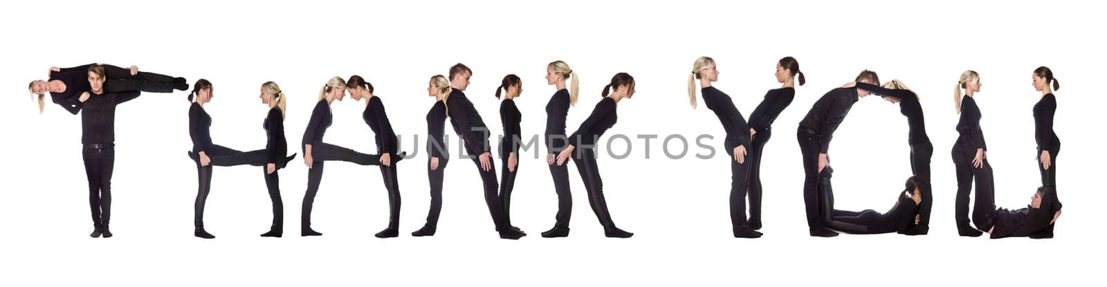 Group of people forming the phrase 'Thank you', isolated on white background.