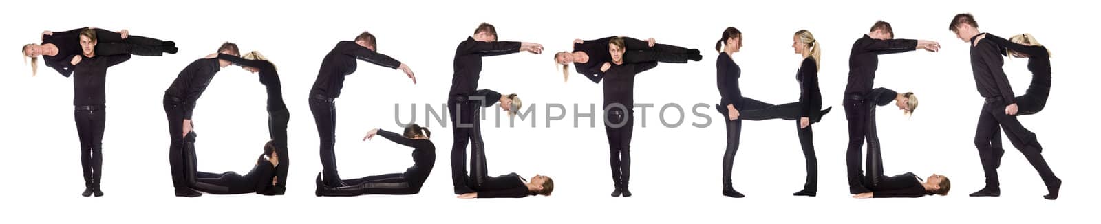 Group of people forming the word 'TOGETHER', isolated on white background.