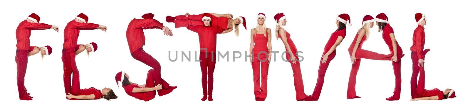 Group of red dressed people forming the word 'FESTIVAL', isolated on white.