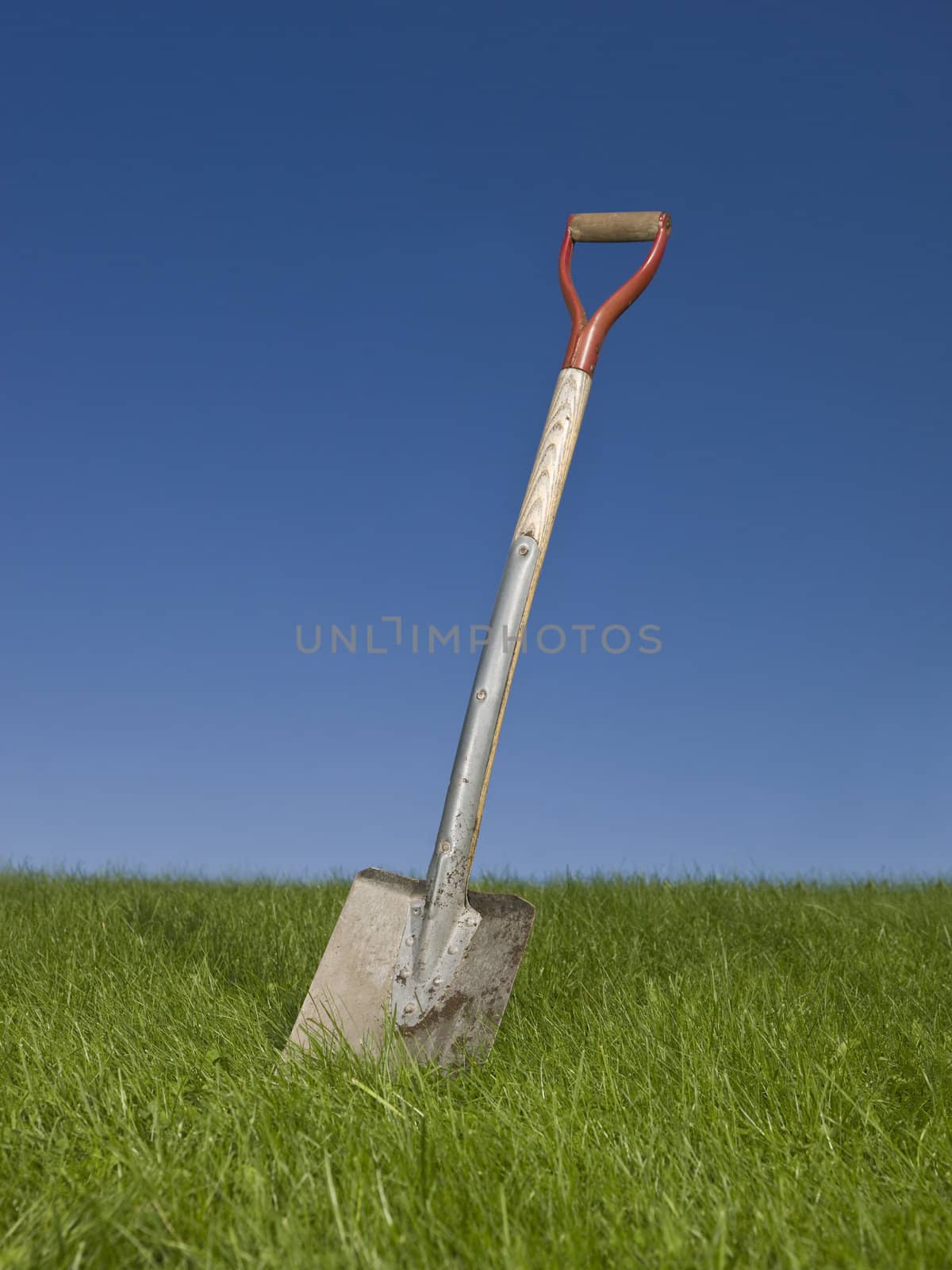 Shovel in green grass against a blue sky