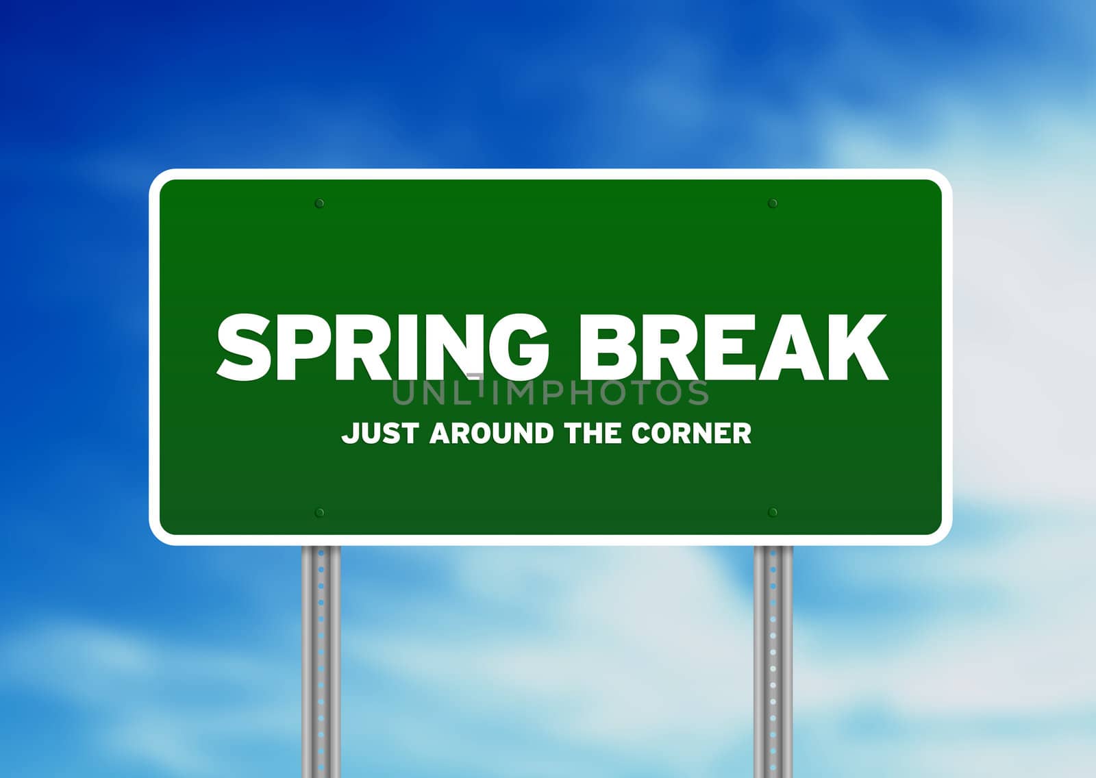 Green Spring Break highway sign on Cloud Background. 