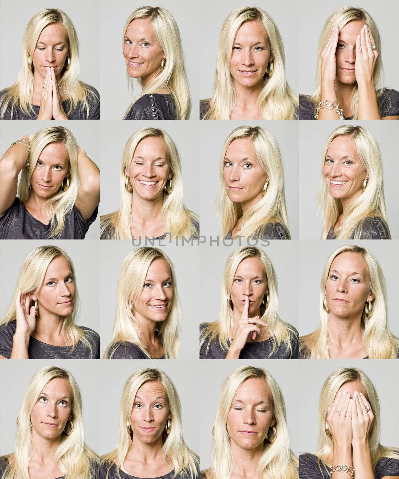 Sixteen facial expressions of a woman