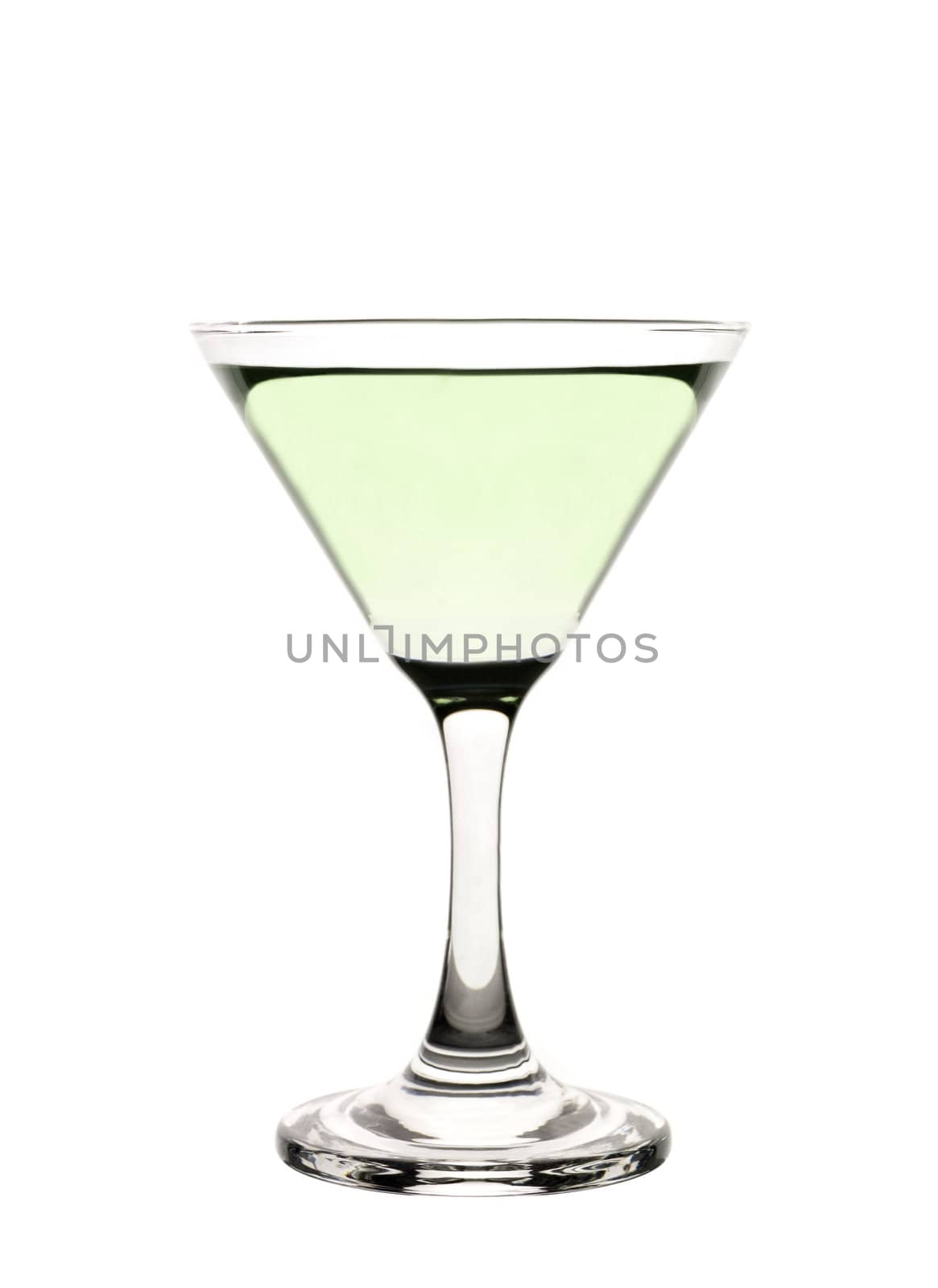A cocktail glass with green liquid in it. 