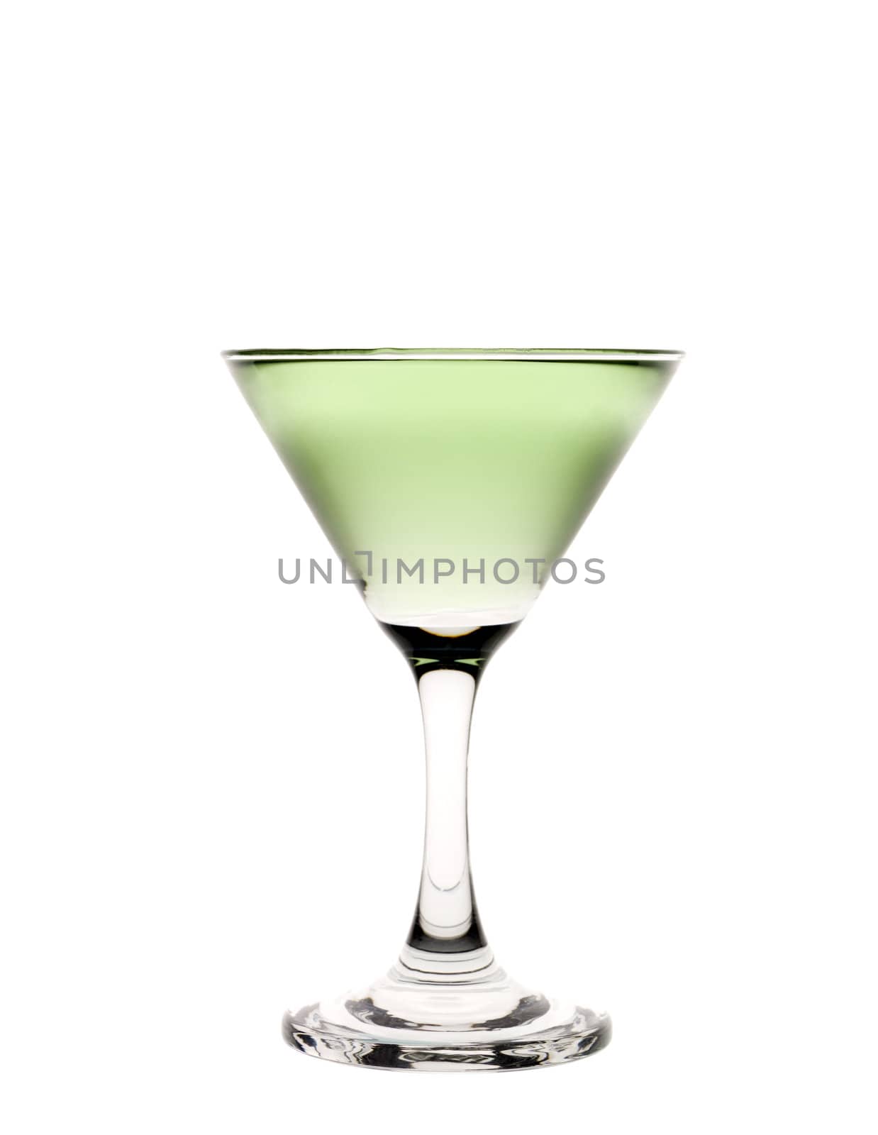 A cocktail glass with green liquid in it. 
