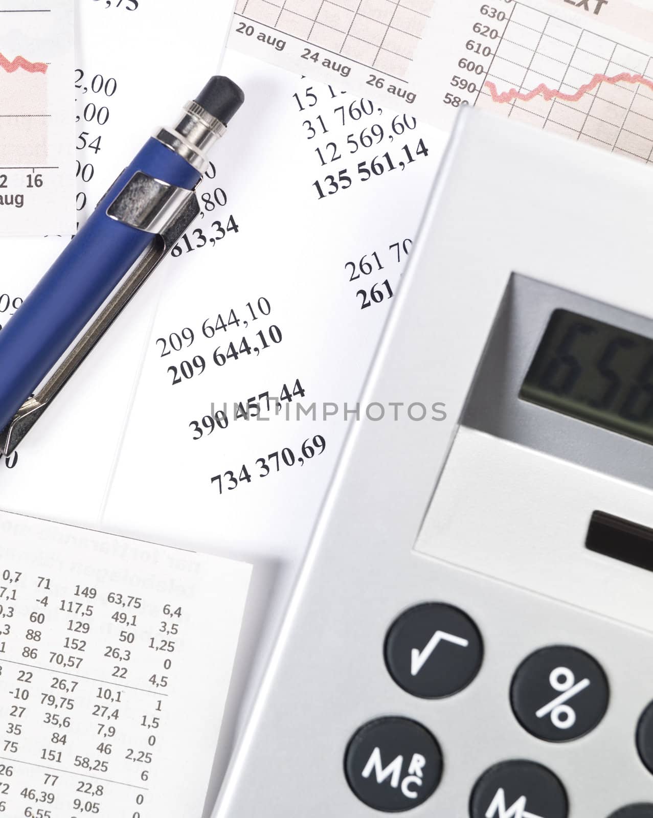 Office Supplys, including calculator, pen and papers.