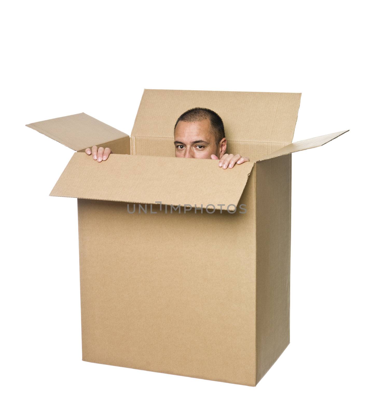 Man in a cardboard box.