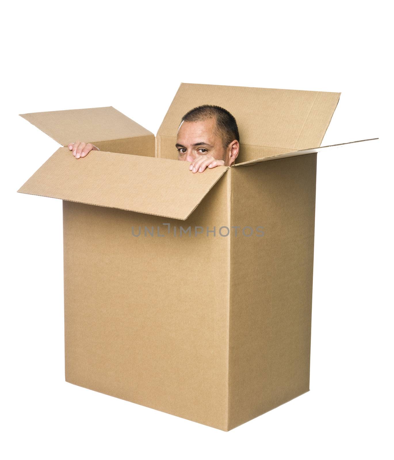 Man in a cardboard box.