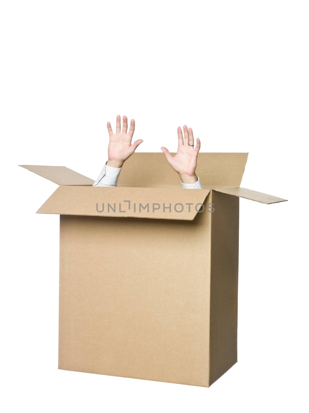 Man in a cardboard box.