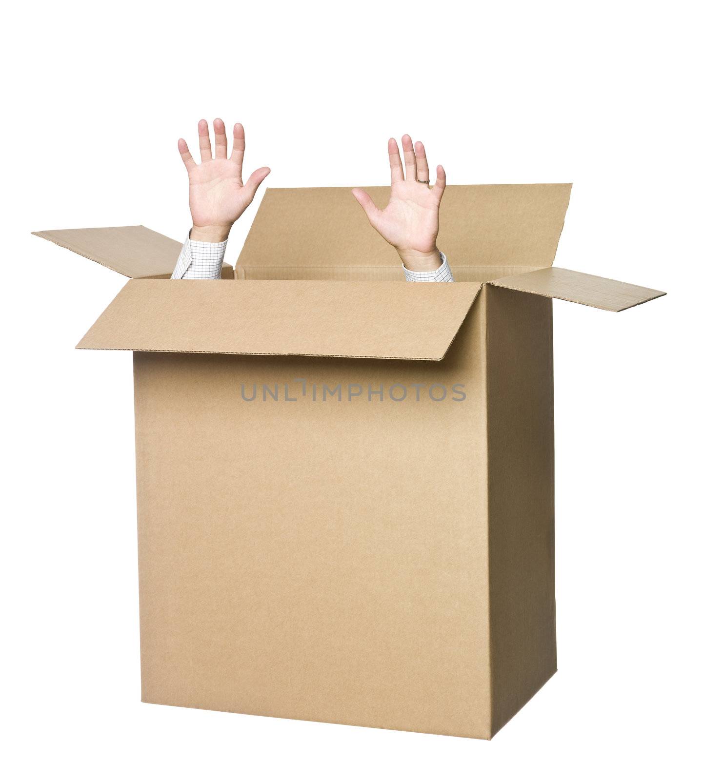 Man in a cardboard box.