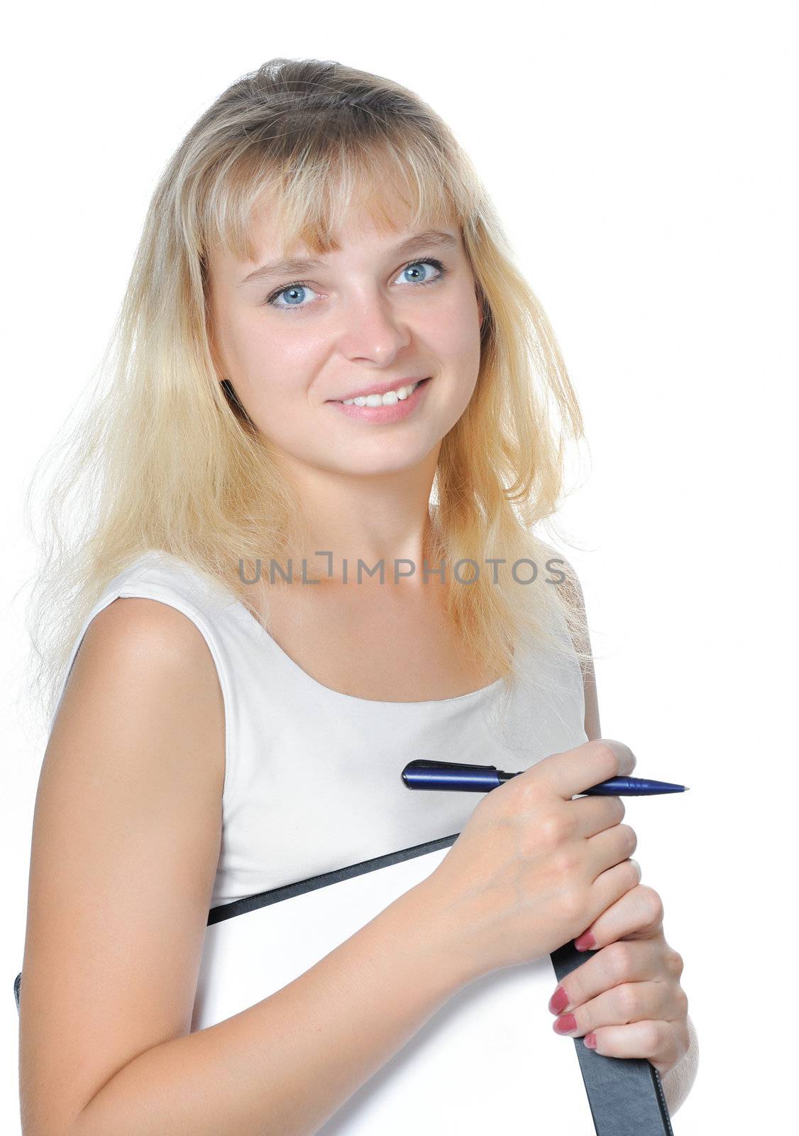 Caucasian blonde mature looking business woman on white 